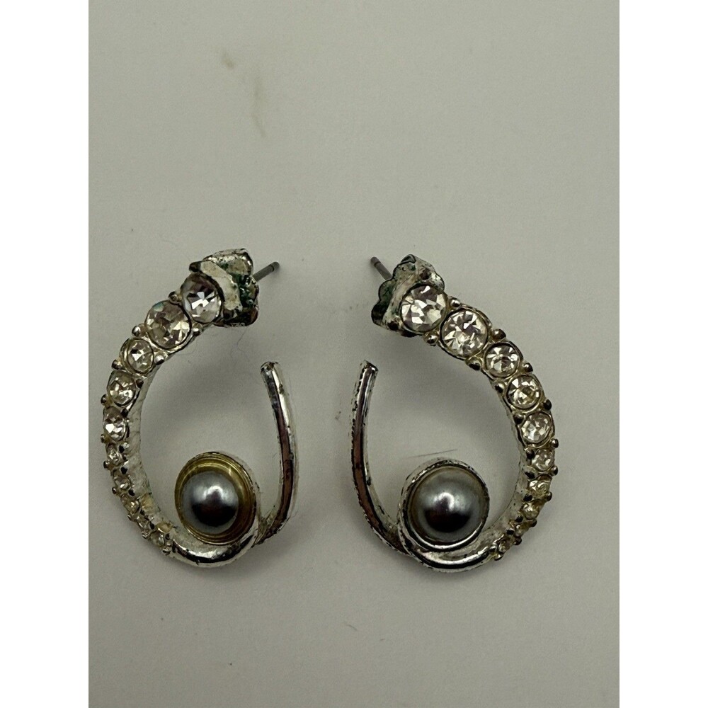 Silver Tone Swirl Rhinestone Faux Pearl Post Earrings Vintage style